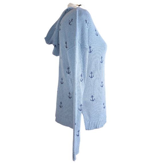 Marled NWT Super Soft Blue Acrylic Nautical Anchor Print Hooded Sweater Size M - Picture 4 of 13